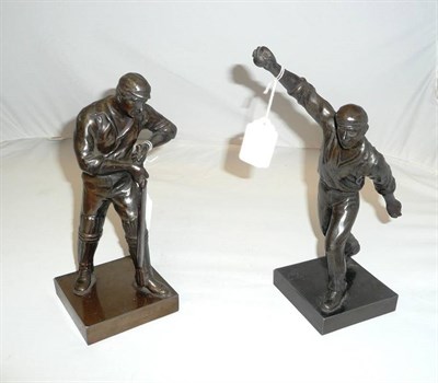 Lot 64 - A Pair of Bronzed Spelter Figures of Cricketers - bowler and batsmen, on square bases.