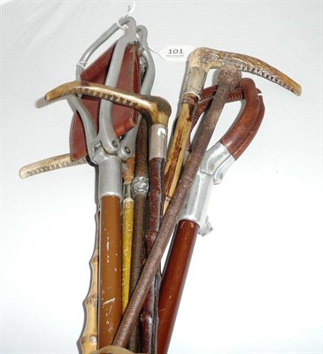 Lot 101 - Three Antler Handled Whips, with hallmarked silver mounts; Two Aluminium Shooting Sticks; Three...