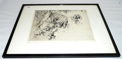 Lot 111 - George Vernon Stokes RBA - 'Otter Hunt', otter hounds and border terriers, black and white dry...