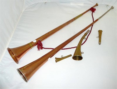 Lot 114 - Two Copper Coaching Horns and Three Brass Hunting Horns, one by J.Tournier, Paris
