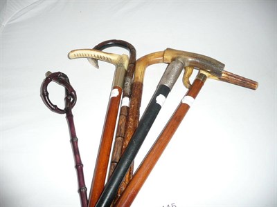 Lot 115 - Five Walking Sticks, including a bamboo stick with twisted handle and silver mount, a horn...