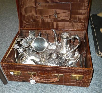 Lot 130 - Brown crocodile leather suitcase and a quantity of assorted plated items etc