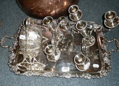 Lot 132 - Large two handled plated tray, two candelabra tops and folding biscuit dish (4)
