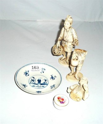Lot 163 - Pair of ivory figures (a.f.), Worcester saucer and Worcester pot and lid