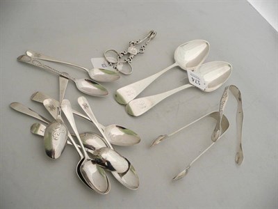 Lot 174 - Two silver sugar tongs, sugar nips, two silver tablespoons, silver picture-back teaspoons and other