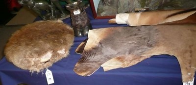 Lot 193 - Buffalo Hoof Ashtray, with silver plated mounts, 18.5cm high; Fur Cushion; Impala Skin; Blesbok...