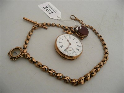 Lot 232 - An open faced pocket watch stamped 18K, watch chain stamped 9 c with a bloodstone seal and compass