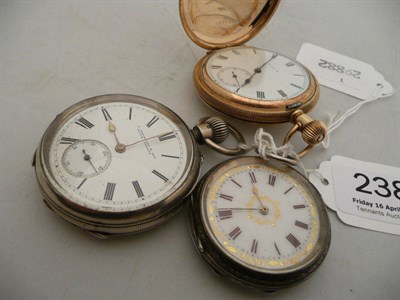 Lot 238 - A gold plated Elgin pocket watch, a silver pocket watch by E Mancrieff & Son and a Swiss fob watch