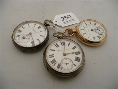 Lot 250 - A silver pocket watch, open faced pocket watch stamped '935' and a gold plated pocket watch (3)