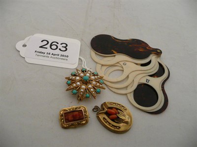 Lot 263 - A ring gauge, a turquoise and split pearl star brooch, a brooch and a pendant