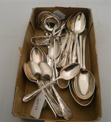 Lot 267 - Set of twelve silver teaspoons with tongs, two silver ladles, set of six silver teaspoons, two...