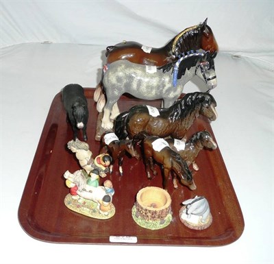 Lot 270 - Royal Doulton Clydesdale horse, RDA 55, Beswick Shetland pony and foal, Beswick Shire Mare, two...