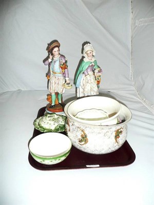 Lot 271 - Pair of coloured bisque figures, two chamber pots, soap dish and a Worcester bowl