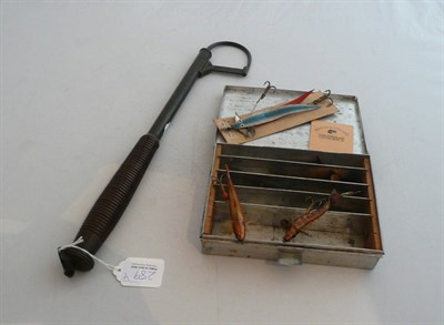 Lot 289 - A Telescopic Brass Gaff, with ring turned wooden handle; A Tin of Vintage Lures, including a carded