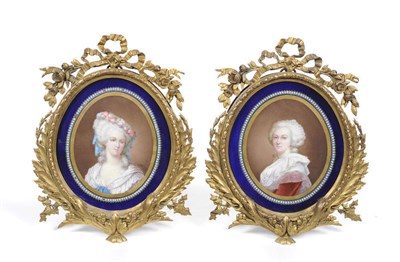 Lot 87 - A Pair of "Sevres" Porcelain Oval Portrait Plaques with Ormolu Frames, signed Lebre, circa...