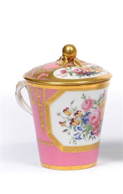 Lot 90 - A Sevres Trembleuse Cup and Cover, circa 1780, the conical cup painted on a powdered pink...