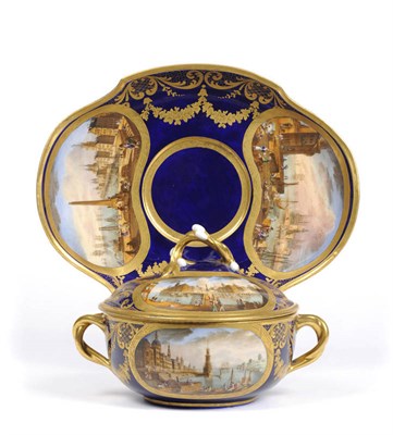 Lot 93 - A Sevres Porcelain Ecuelle, Cover and Stand, circa 1770, each piece with dark blue ground...