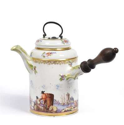 Lot 99 - A Meissen Porcelain Cylindrical Chocolate Pot and Cover, circa 1745, the crabstock handle with...