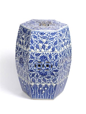 Lot 104 - A Chinese Blue and White Export Porcelain Hexagonal Garden Seat Barrel, late 19th century, the...