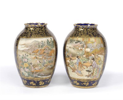 Lot 110 - A Pair of Japanese Earthenware Small Ovoid Vases, Kinkozan, Kyoto, circa 1890, each with blue...