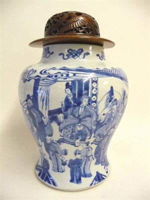 Lot 130 - A Chinese Transitional Blue and White Porcelain Jar, 17th century, of inverted baluster form,...