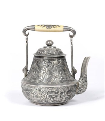 Lot 147 - A Japanese White Metal and Ivory Mounted Wine Pot, 19th century, of baluster shape, the domed cover