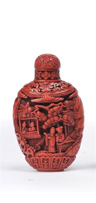 Lot 148 - A Chinese Cinnabar Lacquer Snuff Bottle and Stopper, late 19th century, carved in relief with...