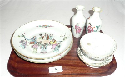 Lot 4 - Two famille rose saucers, a pair of small vases and a cup, cover and stand
