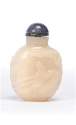 Lot 152 - A Chinese Pale Soapstone Snuff Bottle, 19th century, carved in relief with a maiden in...