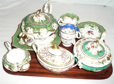 Lot 17 - A Staffordshire porcelain apple green ground part tea service; an English porcelain two-handled...