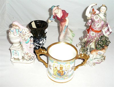Lot 19 - Royal Doulton figure 'Windflower' HN1920, two porcelain figures, commemorative loving cup and...