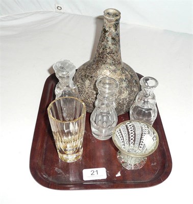 Lot 21 - Dutch 'onion' bottle, river found: Three whisky tots, beaker and one 18th century latticinio...