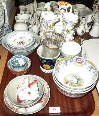 Lot 27 - Tray including assorted oriental tea bowls, English pottery printed bowls, Staffordshire figure...