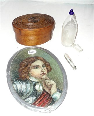 Lot 40 - Carved bentwood oval box and cover dated 1804, glass bird feeder, silver-bladed travelling...