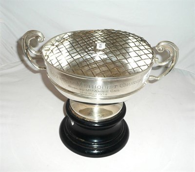 Lot 41 - Silver twin-handled trophy cup inscribed 'Scorton Methodist Church' on pedestal stand