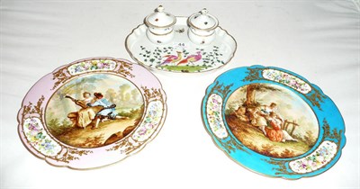 Lot 44 - Pair of Sevres hand decorated cabinet plates and a continental porcelain inkstand (3)