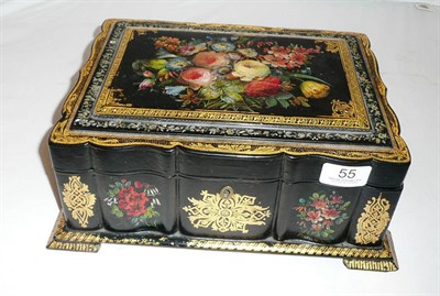 Lot 55 - Papier mache hinged work box with floral and gilt decoration