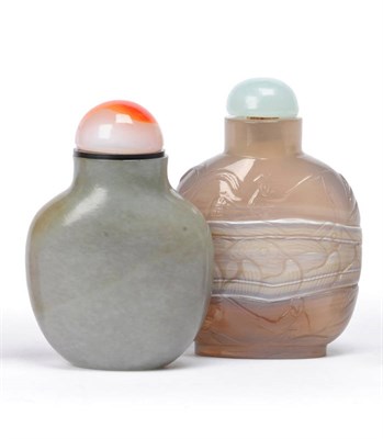 Lot 158 - A Chinese Agate Snuff Bottle, of shouldered ovoid form with central striation, carved in relief...