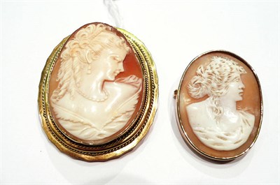 Lot 80 - A cameo brooch carved with a lady's portrait in a frame stamped "9CT" and a 9ct gold cameo brooch