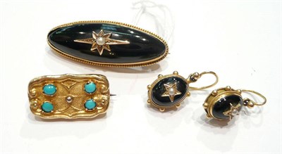 Lot 90 - Victorian gold jet and pearl brooch and a pair of matching earrings and a turquoise set brooch
