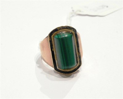 Lot 94 - A malachite and enamelled ring, inscribed to the reverse of the head "Frances Knatenbull Ob 23...