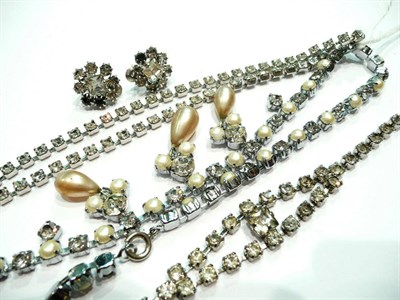 Lot 97 - Two paste necklaces - one with simulated pearl drops, one paste bracelet and a pair of paste...