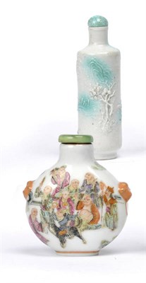 Lot 161 - A Narrow Cylindrical Porcelain Snuff Bottle, carved in relief with a figure in a boat amongst a...