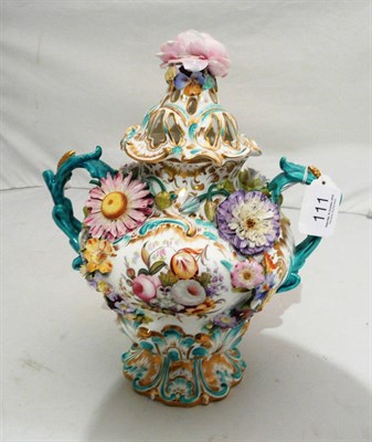 Lot 111 - 19th century twin handled pedestal floral decorated and encrusted vase with pierced cover and...