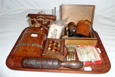 Lot 112 - Tray including a treen string box with brass mounts, brass mounted  walnut domed box, mop fish...