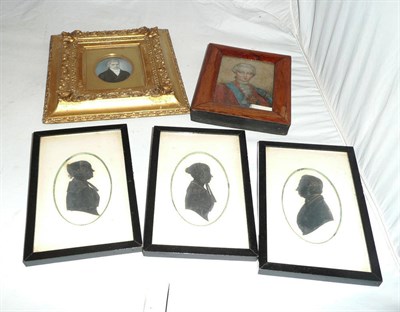 Lot 115 - Rosewood framed painted miniature of a military gent, three framed silhouettes another miniature of