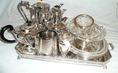 Lot 144 - A quantity of electroplate including a tray, a three piece coffee set, a part tea set, a cake...