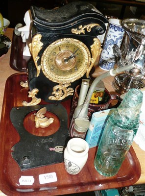 Lot 150 - American cast iron mantel clock, frog mug, opium pipe, tins, etc