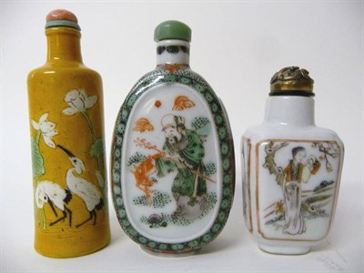 Lot 166 - A Chinese Famille Verte Porcelain Snuff Bottle, 19th century, of panelled oval form decorated...