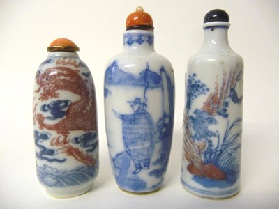 Lot 167 - A Chinese Slender Ovoid Blue and White Porcelain Snuff Bottle, 19th century, painted with a...